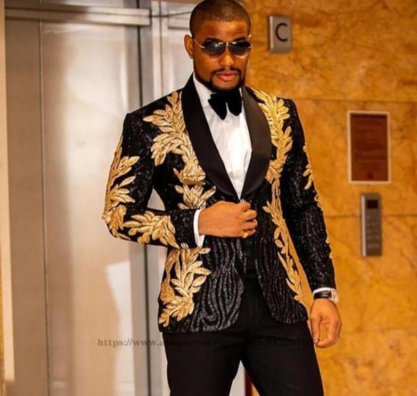 

men039s suits blazers shiny beaded gold embroidery mens slim fit 2 piece jacket pants sets groom tuxedos male business blazer9508110, White;black