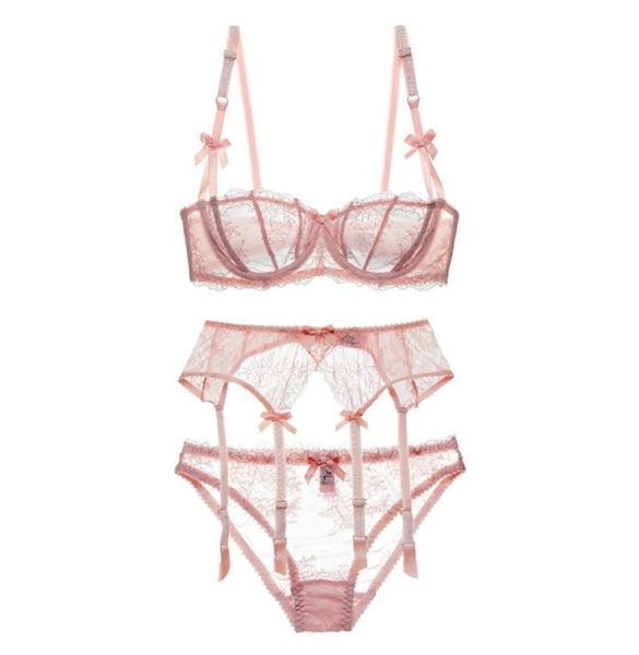 

women 12 cup embroidery lingerie set white bra set 3 piece brapantiesgarter lace brassiere transparent underwear set9087756, Red;black