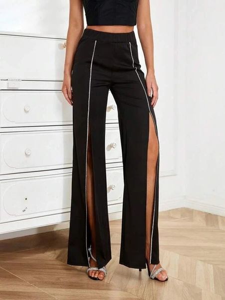 

women's pants s d  split thigh wide leg pantalones de mujer 230808, Black;white