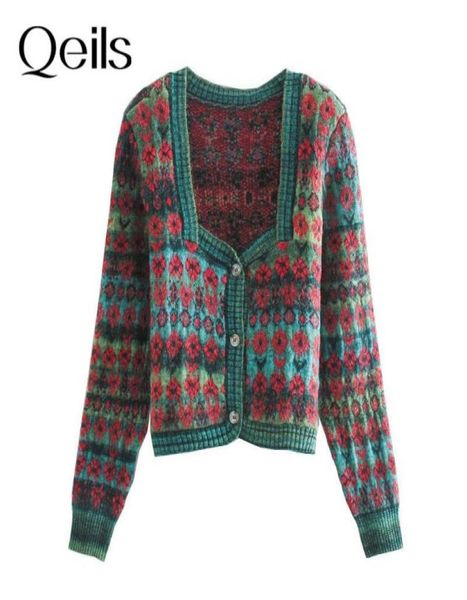 

qeils casual women fashion jacquard cropped knitted cardigan sweater vintage square collar buttonup female outerwear chic wo6916754, White;black