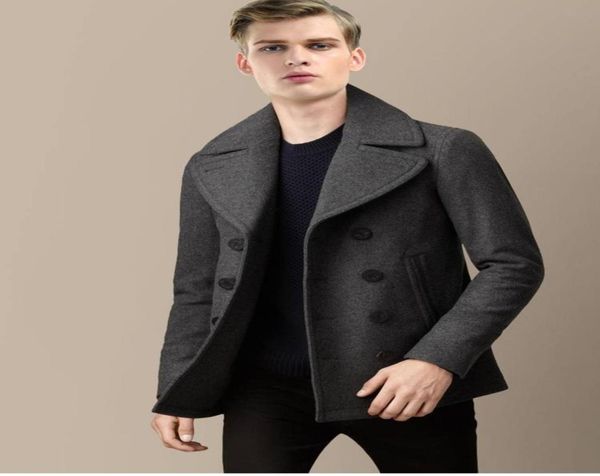 

tailormade winter men wool wool blending outerwear turndown collar long sleeve double breasted short design navy coat4003642, Black