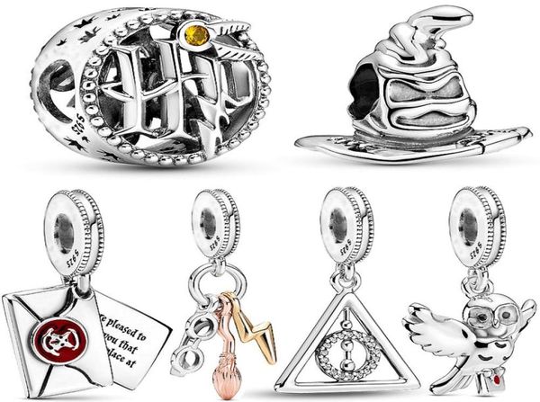 

100% 925 sterling silver hedwig owl charm deathly hallows dangle beads fit original bracelet woman jewelry pendant5432608, Black