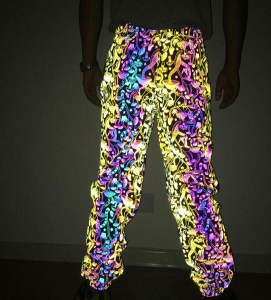 

women kawaii mushroom colorful reflective pants elastic waist mens hip hop joggers reflect light sweatpants66678315631821, Black