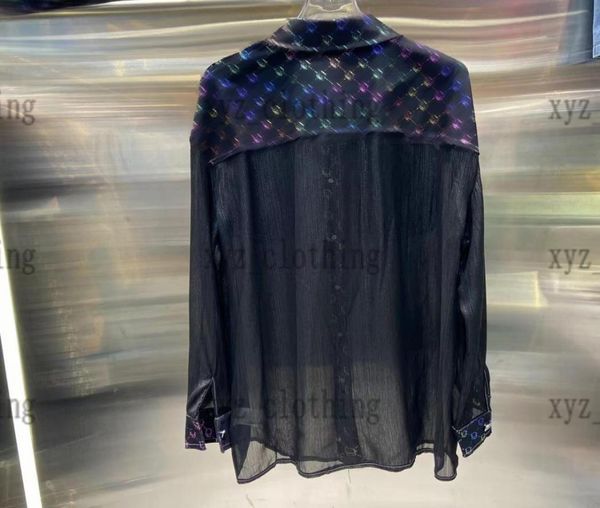 

2022 newly xury womens blouses shirts quicksand mesh fabric stitching colorful denim shirts full logo wash cotton blouse size 3308631, White