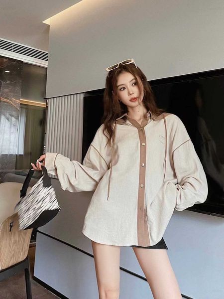 

contrast hooded design undies womens designer clothing girl blouse exquisite button decoration lapel shirt multiple product, White