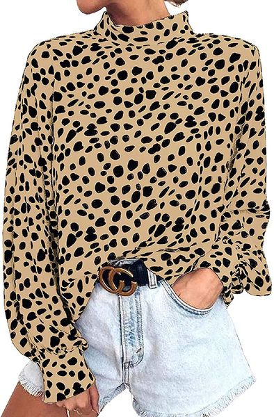 

womens blouse long sleeve turtleneck polka dot print loose nightout shirt, White
