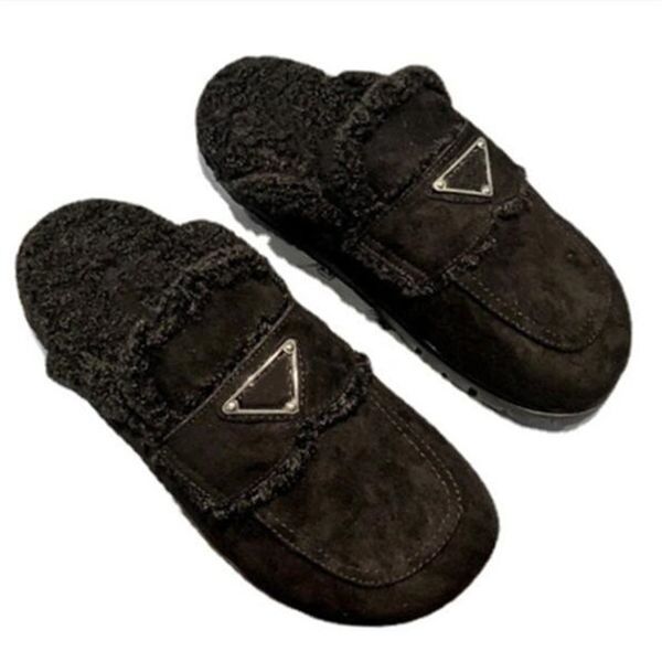 

luxury designer womens fluffy slipper winter keep warm indoor office fur casual shoes famous ladies furry fuzzy slippers flats triangle sand, Black