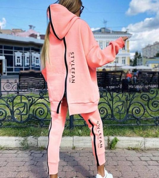

women039s two piece pants hoodie set trendy back zipper loose long sporty outfit allmatch casual tracksuit8683496, White