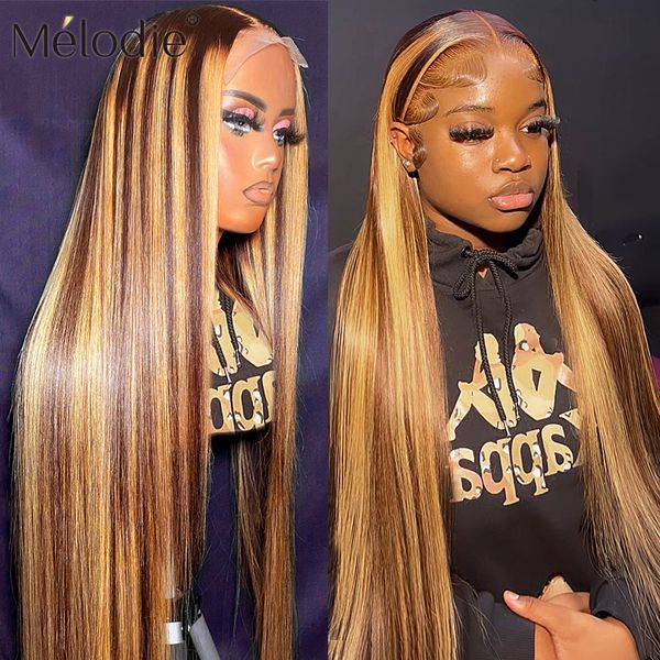

Melodie 30 32 Inch Highlight Wig Human Hair Honey Blonde Colored Straight 13x6 Lace Frontal Wig 220% Brazilian Hair for Women
