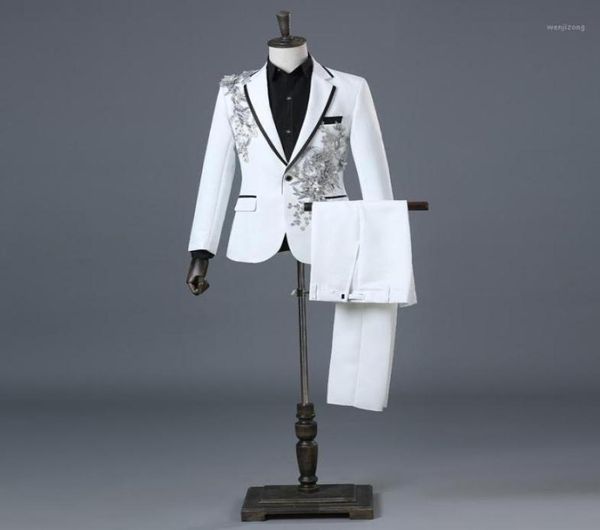 

men039s suits blazers mens white floral sequin 2 pieces jacketspants slim fit one button wedding groom tuxedo suit male co7111613, White;black