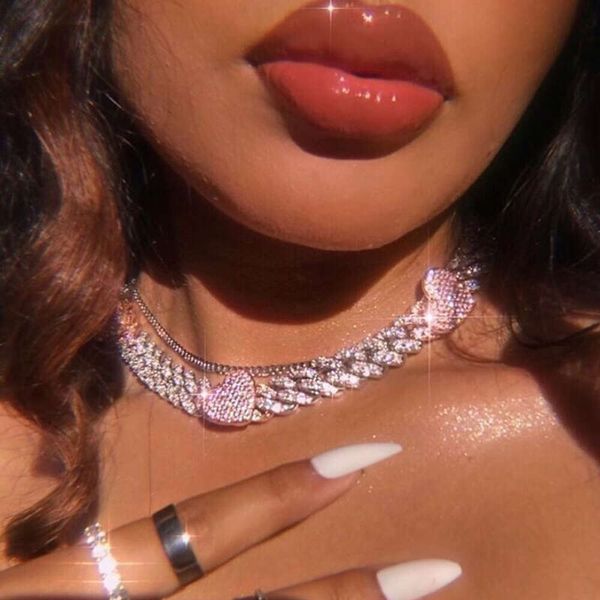 

designer's selling heart-shaped diamond inlaid cuban necklace ins new fashion love hip-hop necklace cuban chain niche design sense, Golden;silver