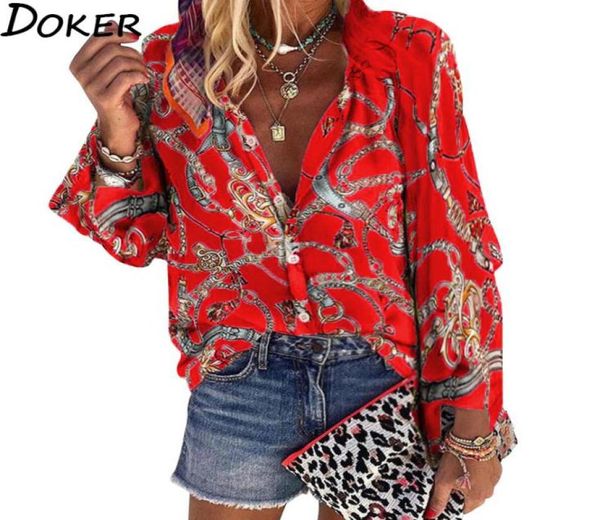 

2020 new design plus size women blouse vneck long sleeve chains print loose casual shirts womens and blouses8609743, White