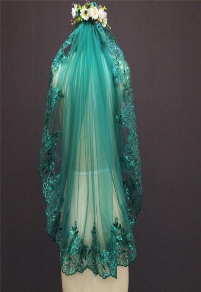 

new arrival one layer sequins lace green tulle metal comb short bridal veil wedding accessories 703888145625427367, Black