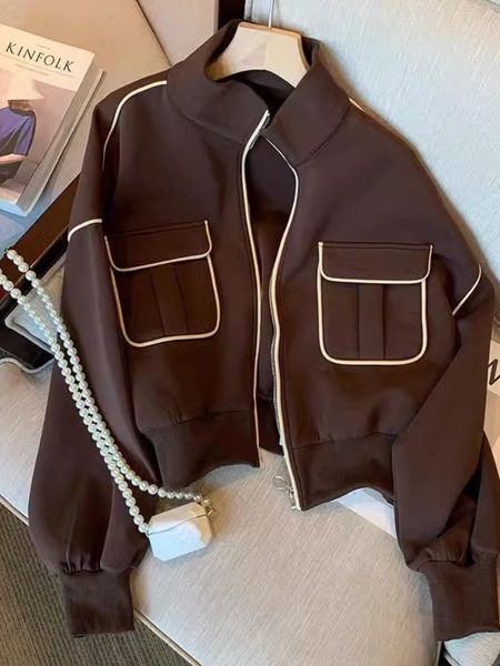 

womens jackets streetwear lady friend bomber women casual loose spring chaquetas coffee baseball coats design zipper cropped outerwear 23080, Black;brown