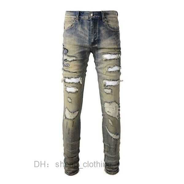 

amri jeans designer clothing amires jeans denim pants amies high street fashion brand mens worn snake with broken holes nostalgic scratched, Blue