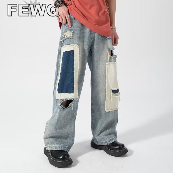 

men's jeans fewq high street ripped patchwork stitching color male denim trousers spliced vintage casual wide leg pants 2023 stylish 23, Blue