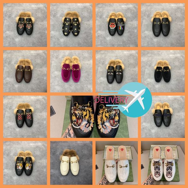 

with box designer slides princetown slippers genuine leather mules women loafers metal chain comfortable horsebit casual shoe lace velvet sl, Black