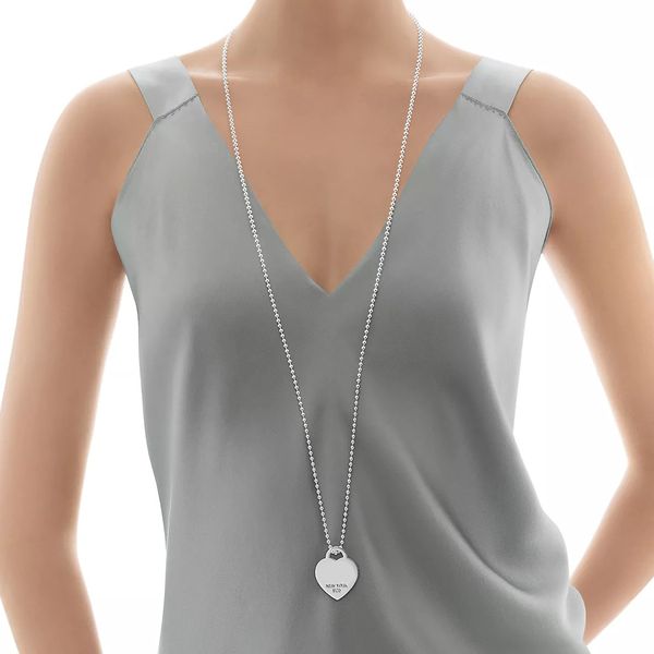 

new 100% silver luxury designer jewelry heart necklace 34" long bead chains return t logo heart tag pendant love necklaces women weddin