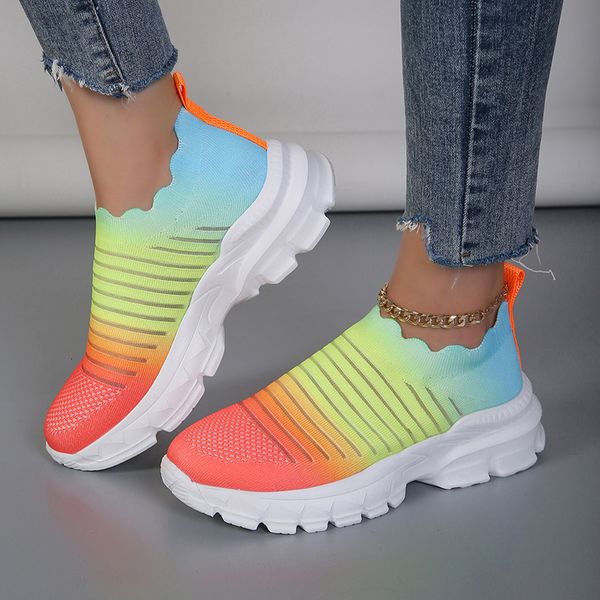 

dress shoes gradient color breathable platform sneakers women striped knit vulcanize shoes for woman mix color thick sole casual shoes 23080, Black