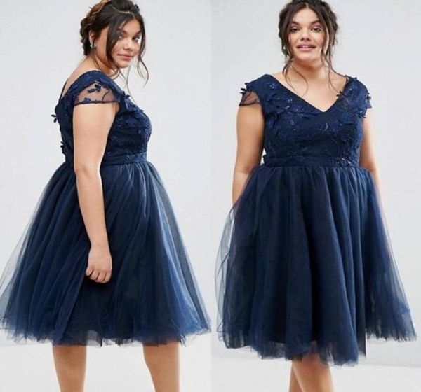 

navy blue plus size short prom dresses vneck 3d appliques evening gowns a line tulle knee length formal dress8710256, Black