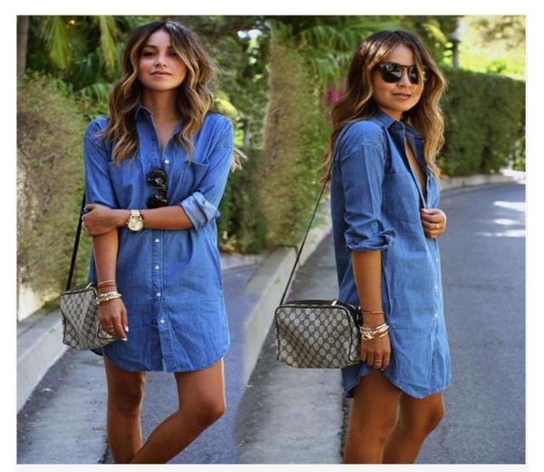

ladies denim shirt casual loose long sleeved t shirt dresses women lapel denim shirt dress4089610, White