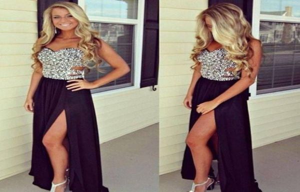 

black chiffon side split prom dresses bling crystals real sample sweetheart cut out waist backless evening gowns formal party dres6094040