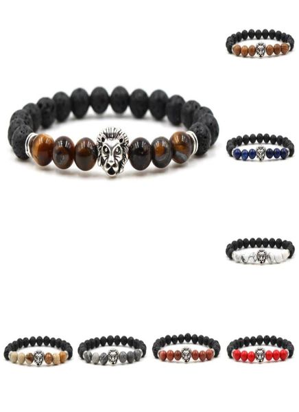 

lava stone bracelet lapis lazuli tiger eye white turquoise agate cinnabar natural stone bead bracelet lion head charms bracelets6208569, Golden;silver