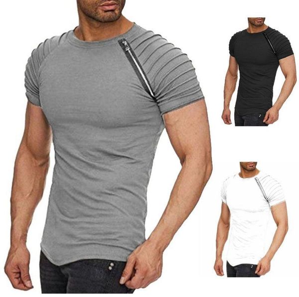 

5 colors mens t shirts solid colors slim folds zipper sleeve fashion short sleeve tshirt oneck casual clothes streetwear9975639, White;black