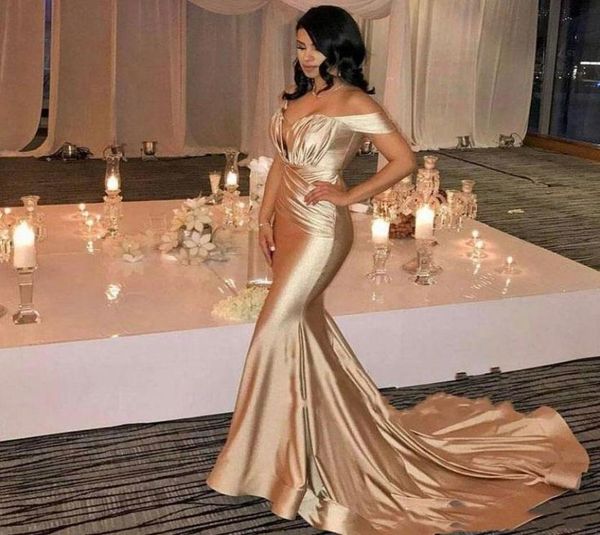 

champagne mermaid dresses evening wear 2019 off shoulder corset pleats satin court train dubai formal party prom gowns7941070, Black