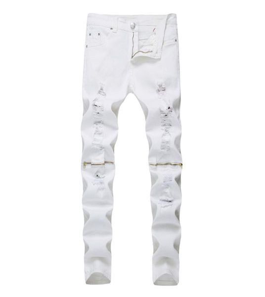

new fashion mens knee zipper ripped jeans cotton white elastic slim men motorcycle denim joggers skinny jeans4563453, Blue