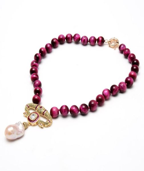

guaiguai jewelry natural smooth round fuchsia tiger eye necklace cubic zirconia cz pave pink keshi pearl pendant for women7741682, Silver