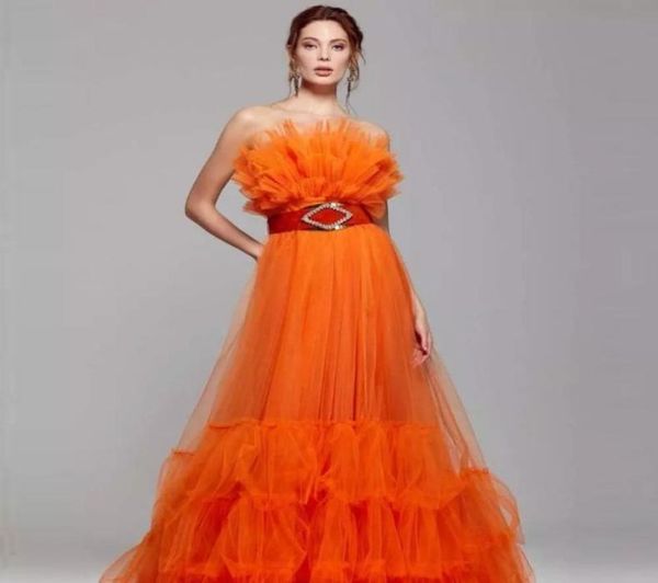 

gorgeous orange tulle long dress women evening formal dresses strapless ruffled vestidos de fiesta prom gown party casual5420892, Black;gray