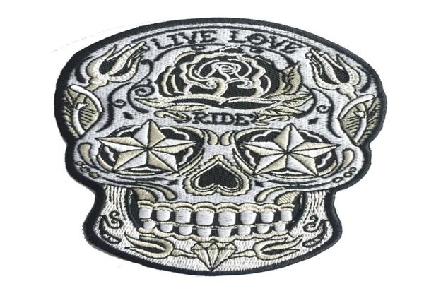 

whole live love ride sugar skull embroidered patch iron on jacket vest embroider badge diy applique embroidery emblem 5quot 2360904, Black
