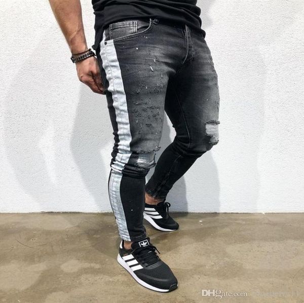 

summer new men casual denim hole jeans pants hip hop long pants black skinny jeans s3xl5386956, Blue