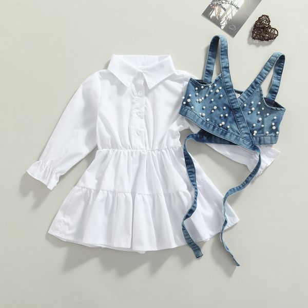 

clothing sets fashion children baby girl clothes solid color long sleeve shirt dress denim beading vest 2pcs outfits clothes 230809, White
