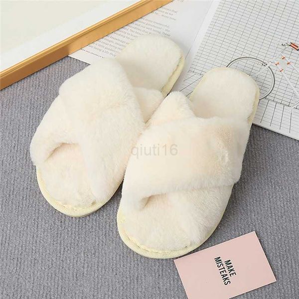 

winter house furry slippers women cross fluffy fur home slides flat indoor floor shoes ladies flip flops, Black