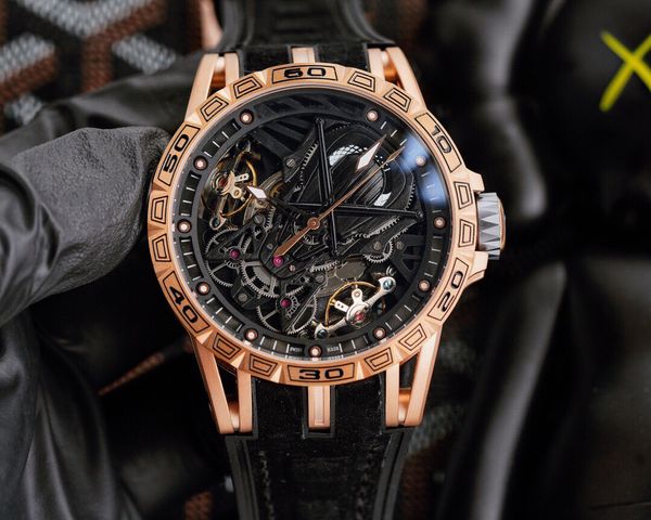 

luxury mens watches titanium wristwatch swiss automatic mechanical tourbillon skeleton openworked sport watch 46mm sapphire crystal waterpro, Slivery;brown