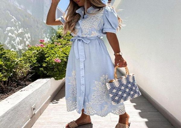 

casual dresses elegant women dress embroidery stand collar short sleeve singlebreasted hollow out shirt slim beach female sundres9252964, Black;gray