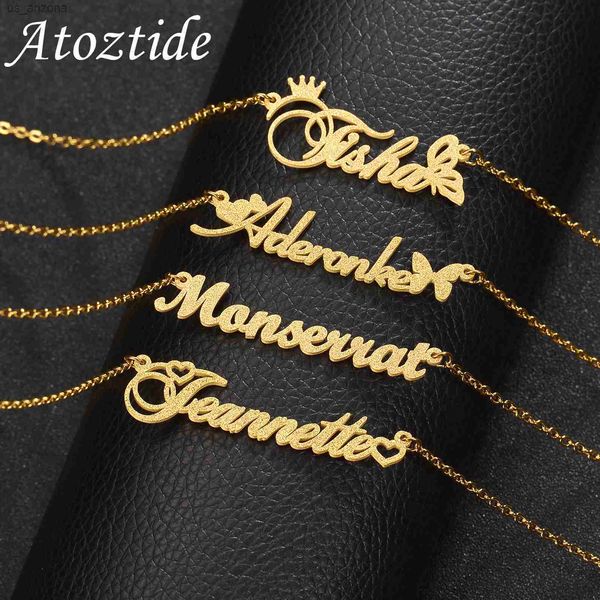 

atoztide personalized customized frosted name necklace stainless steel for women heart butterfly choker pendant jewelry gift l230620, Silver