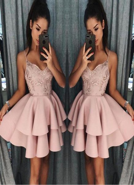 

dusty rose short homecoming dresses 2018 fall spaghetti straps a line layers cocktail dress lace sequins mini prom gowns ba1426466, Blue;pink