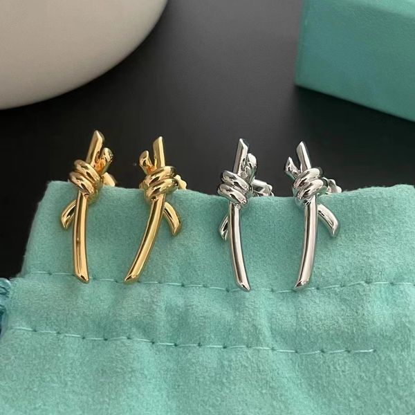 

tiffanyy earrings s925 sterling silver cute designer knotted single row diamond k gold earrings for women's sparkling crystal sweet lov, Golden;silver