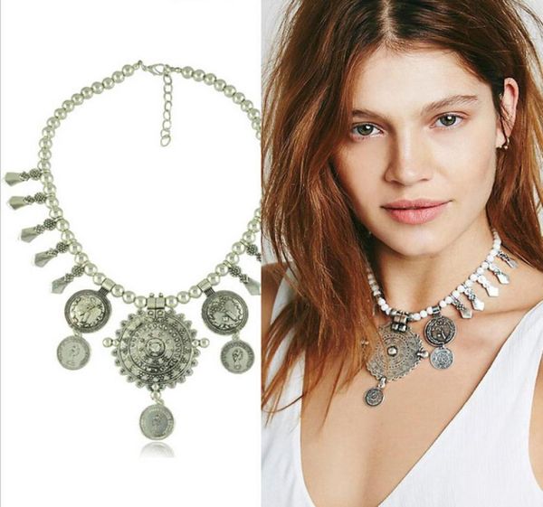 

bohemian silver metal ball chain big round disc coin tassel collar statement necklace ethnic tribal boho turkish collares6022986, Golden;silver