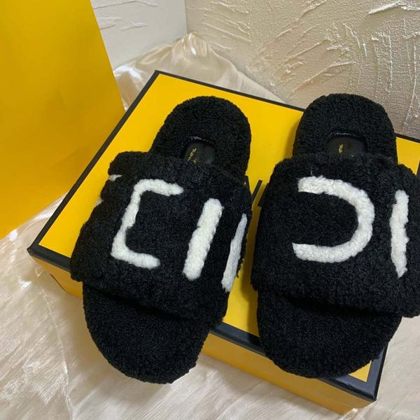 

wool slippers designer h letter fur soft plush slipper women fluffy furry sandals warm winter flat mules slides suede sandal classic beach f, Black