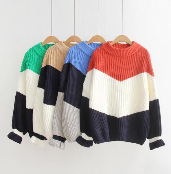

women sweater christmas pull winter jumper warm long sleeve knitted loose patchwork pullover flare sleeve sweaters2597825, White;black