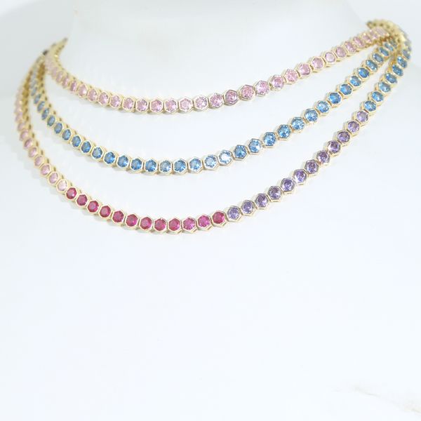 

geometric hexagon rainbow colorful choker chain necklace hip hop women lady female full paved pink blue 5a cubic zirconia party gift jewelry, Silver