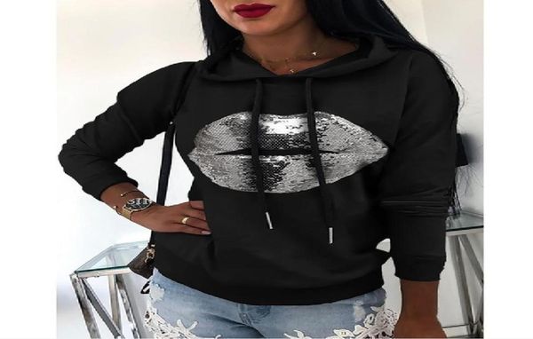 

5 color 2020 casual women039s autumnwinter new lip print loose hooded long sleeve sweater6618891, Black