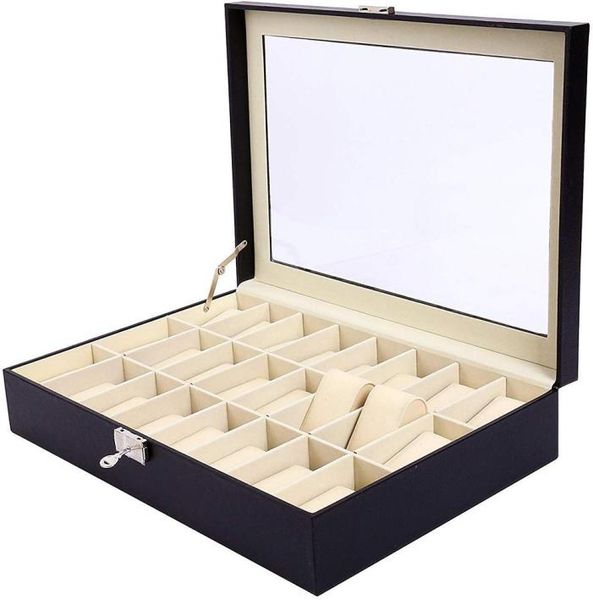 

24 slot pu leather watch box watches case jewelry display storage organizer box with key lock glass gift for men women mx2008953565, Black;white