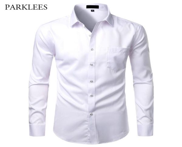 

white mens bamboo fiber shirts casual slim fit button up dress shirts men solid soical shirt with pocket formal business camisas5236793, White;black
