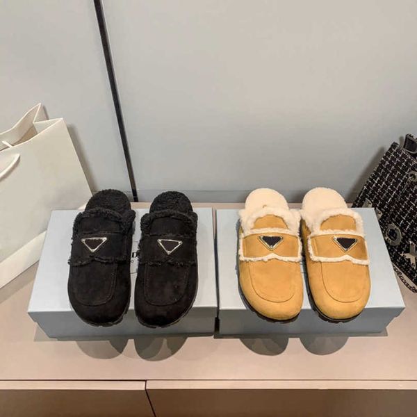

women's classic inverted triangle fur slippers muller shoes designer winter half slides furry fluffy suede shearling mules sandal casua, Black