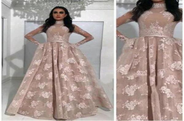 

2017 ball gown prom dresses high neck long sleeves appliqued nude evening gowns with fixed overskirt and belts sheer pageant 8177554, Black